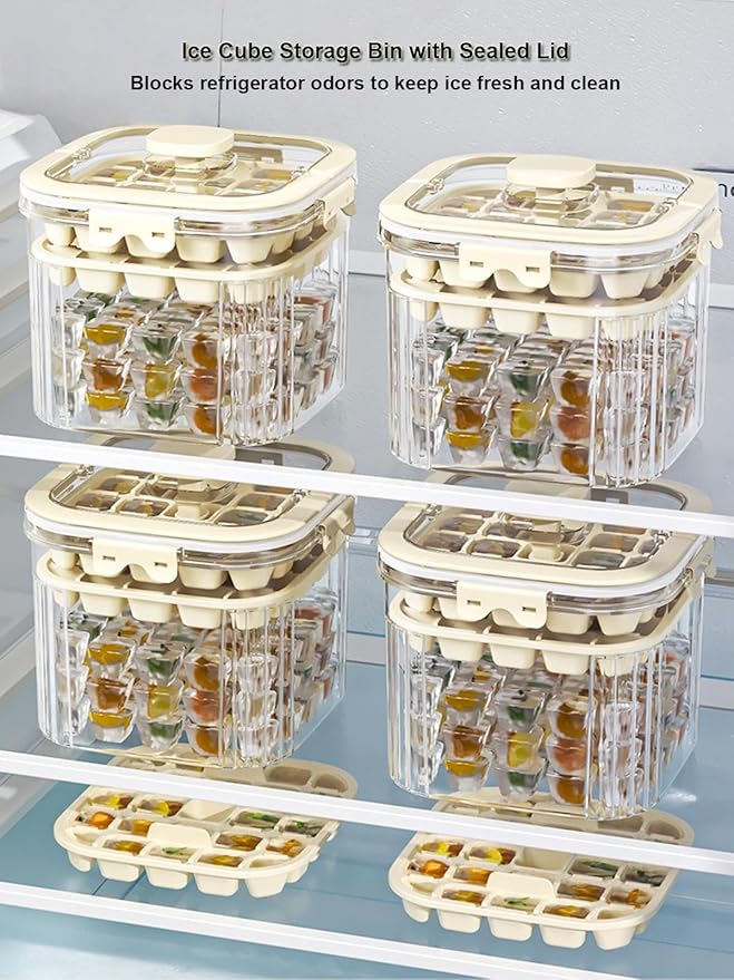 6.7*6.7*7.1in Ice Storage Bin w/ Two Small Ice Cube Trays Molds & Scoop for Home Bar, Small Ice Bucket with Sealed Lid for Freezer, Portable Refrigerator Ice Holder Containers for Outdoor Green