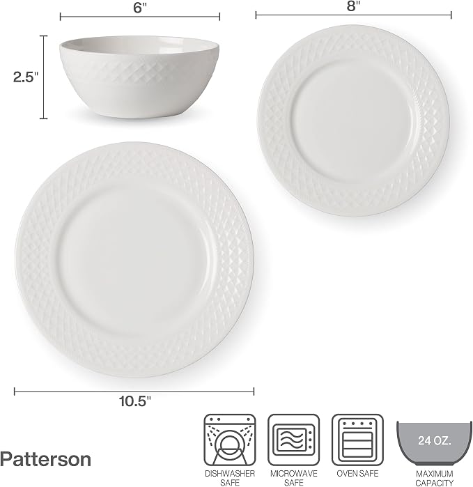 Mikasa Patterson Vegan Bone China Chip Resistant 12 Piece Dinnerware Set, Service for 4