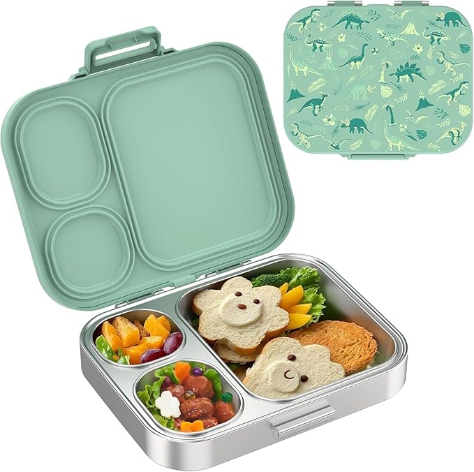 LOHASOK Stainless Steel Lunch Box: Metal Bento Box for Kids Adults - Leak-Proof 3 Compartments,Green