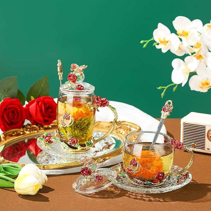 Fancy Glass Tea Cup with Lid Saucer Spoon Flower Coffee Mug Unique Birthday Gift for Friend Female Mother-in-Low Daughter House Warming Gift(Tall Red)