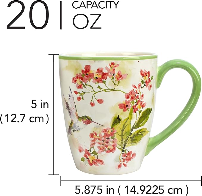 Hummingbirds 14 oz. Ceramic Mugs, Set of 4 – Assorted Watercolor Bird & Floral Designs, Microwave & Dishwasher Safe, Giftable Nature-Inspired Coffee Cups for Tea, Cocoa & Hot Beverages