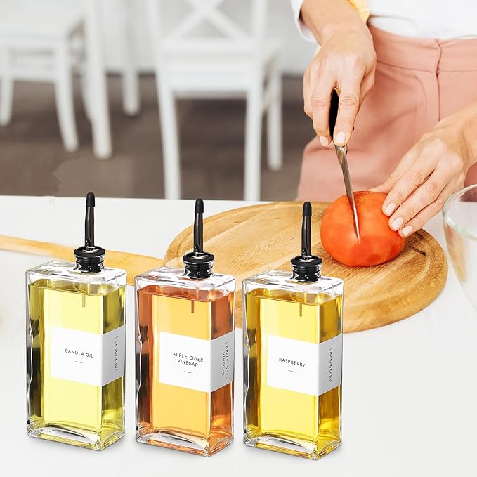 Reallnaive 6 Sets Olive Oil Dispenser Bottles for Kitchen with Nozzles Funnel Labels Cooking Oil Dispenser 500ml Set for Kitchen Vinegar Coffee Syrup (Black)