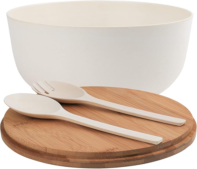 LOVYANXUE Bamboo Fiber Salad Bowl with Servers Set Large 9.8inches Nature Bamboo Mixing Bowl with Servers with Lid Spoon and Fork for Fruits,Salads and Vegetables