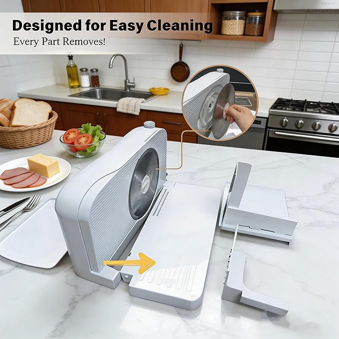 Meat Slicer for Home, 150W Foldable Deli Meat Slicer with 6.7'' Blade, Child Lock Protect Electric Bread Slicer, Adjustable Thickness Portable Food Cutter Machine for Spam Breads Meat (White)