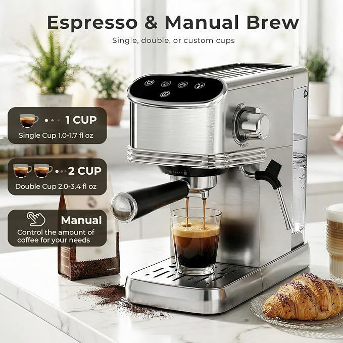 Kismile Espresso Machine 20 Bar, Small Coffee Maker with Milk Frother, Stainless Steel Coffee Machine with 45oz Removable Water Tank for Cappuccino, latte, Silver