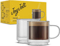 JoyJolt Haven Stackable Fluted Glass Mugs, Set of 2 Ribbed Double Wall Insulated Coffee Cups, 13.5oz Clear Mugs