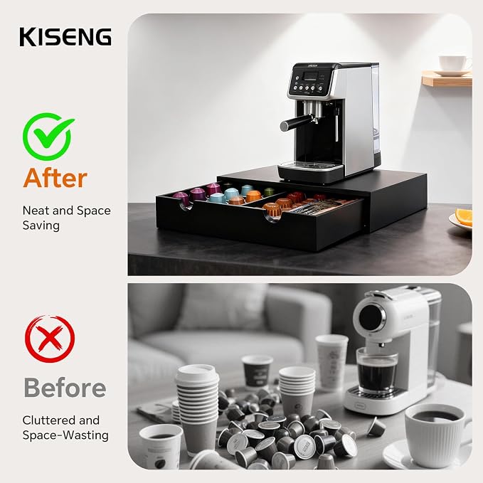 Coffee Pod 15" X 11" X 3" Natural Wood Countertop Organizer Drawer, Counter Top Espresso Tea Bag Station Storage Holder Box, Black