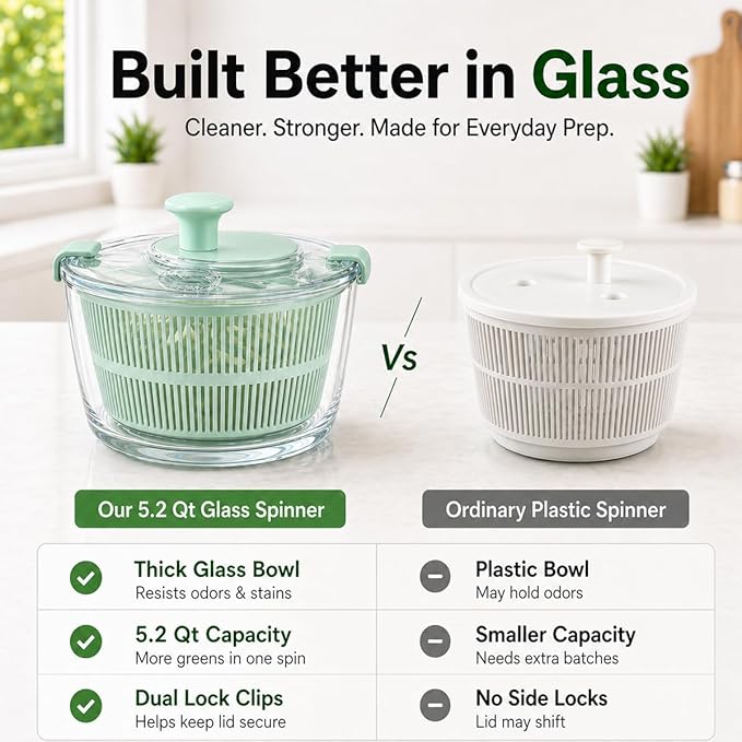 Large 5.2 Qt Glass Salad Spinner Vegetable Dryer with Drain Microwave Safe Dishwasher Safe with Transparent Lid Crank Handle Quick Spin Greens Washer for Lettuce Herbs Fruits