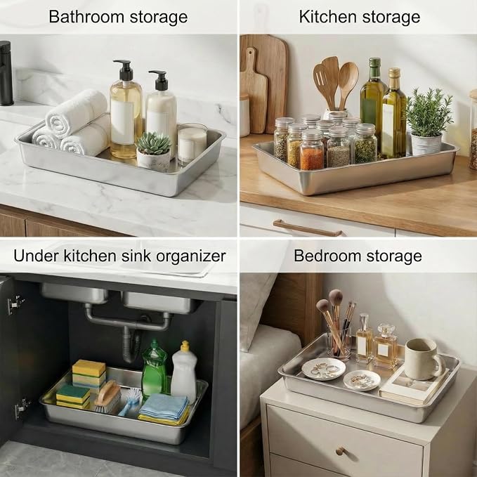 Suclain 2 Pack Stainless Steel Boot Trays for Entryway Under Sink Mat Tray Litter Box for Kitchen Cats Cabin Bathroom Office Storage Decoration, 20 x 14 x 4 in, Non-Slip Rubber Feet(20 x 14 x 4 Inch)