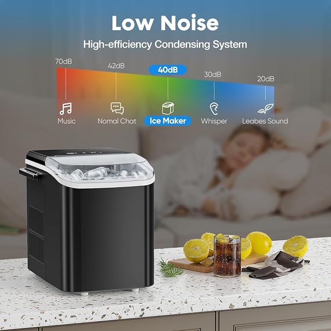Hexago Countertop Ice Maker, 6-Min Fast Ice Machine with 2 Sizes Bullet Ice, Self-Cleaning Portable Ice Maker with Handle, 26.5 lbs/24H, Quiet Ice Maker for Home, Office, RV & Party