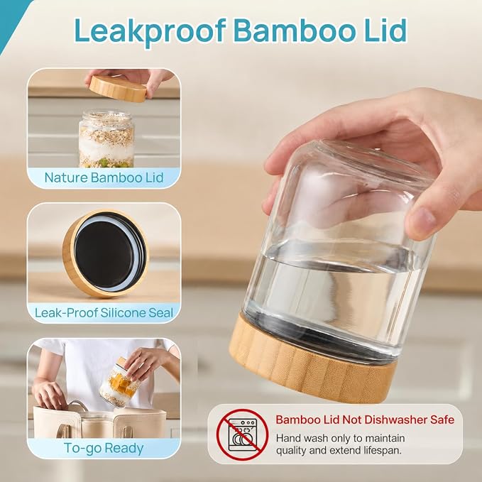 Vtopmart 6 Pack 16oz Glass Overnight Oats Containers with Bamboo Lids, Portable Wide Mouth Glass Jars Leak Proof, Reusable Glass Food Storage Containers for Yogurt Chia Pudding Salad Pickling Snacks