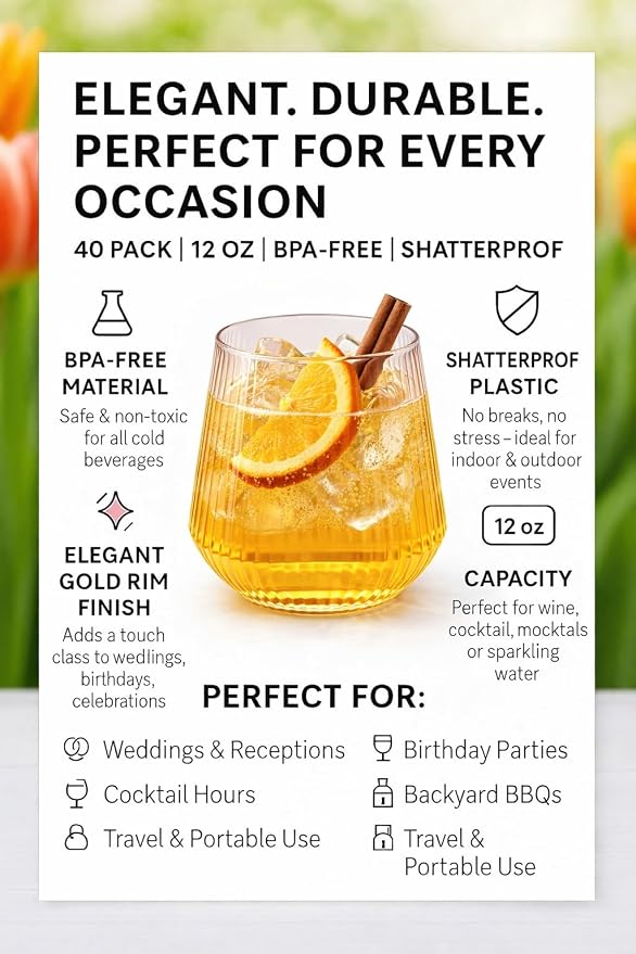 Oojami 40 Pack Pink Disposable Plastic Wine Glasses 12 oz - Ribbed Origami Stemless Unbreakable Reusable Wine Cups, BPA-Free Shatterproof Recyclable, Champagne Cocktail Wedding Party Birthday