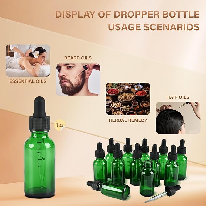 NOOEEISS 12 Pcs, 1oz Dropper Bottle, Green Glass Eye Dropper Bottle,Tincture Bottles with Dropper, Leak-Proof Design, Stronger Suction, for All Kinds of Mixed Liquids