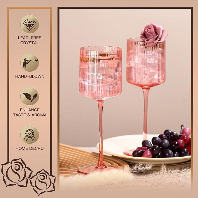 Pink Square Wine Glasses Set of 6, Elegant Ribbed Design Colored Crystal Glassware with Long Stem, 11.5oz Hand Blown Stemware For Red & White Wine Home Bar Party