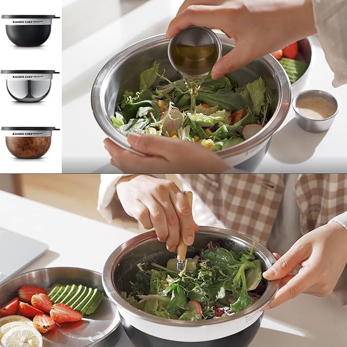 Salad Bowl Kit 74oz,Salad Container For Lunch,18/8 Stainless Steel,Salad Bowl With Lid, Includes 1.7oz Condiment Container and Removable Tray,Leak-Proof, Easy to Clean (Wood)
