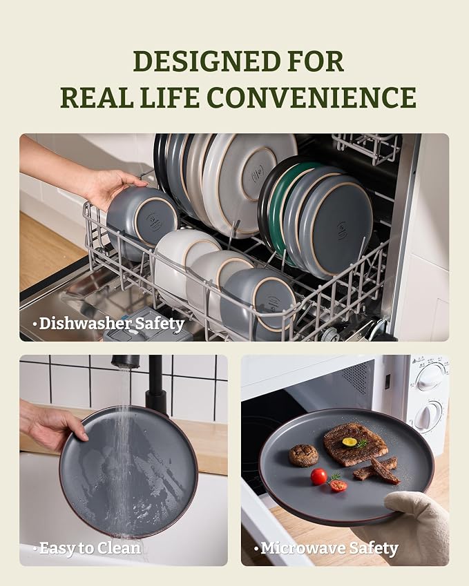 Famiware Mercury Plates and Bowls Sets, 12 Pieces Stoneware Dinnerware Sets, Dishes Set for 4, Microwave and Dishwasher Safe, Charcoal