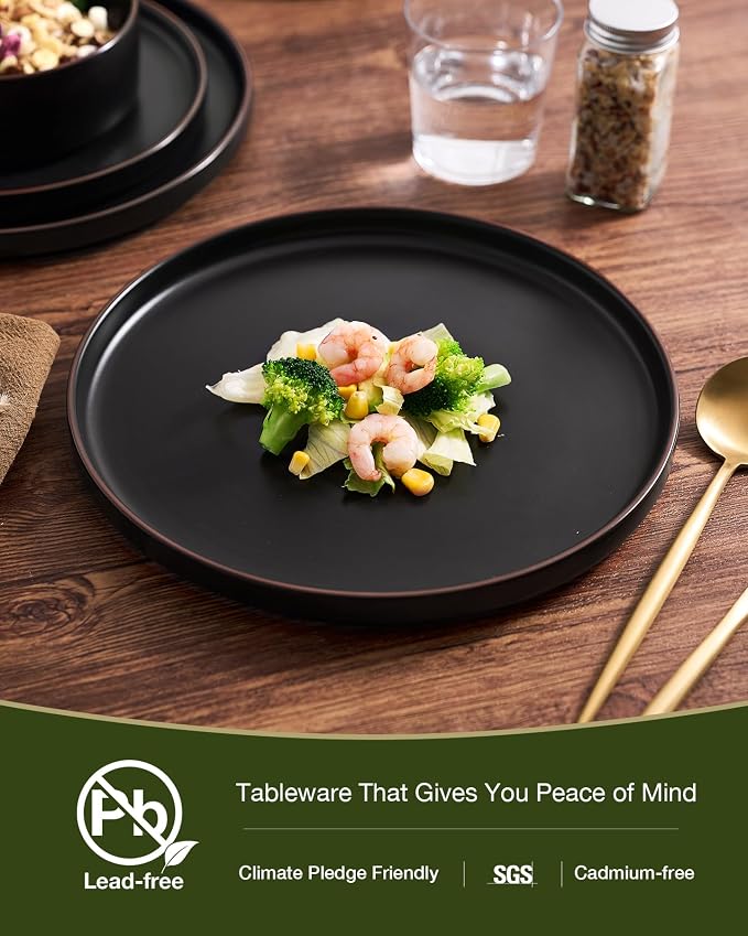 Famiware Nebula Ridge Stoneware Dinnerware Sets with Pasta Bowls, Plates and Bowls Sets, Service for 4 (16 Pieces), Microwave and Dishwasher Safe Kitchen Plates, Matte Black