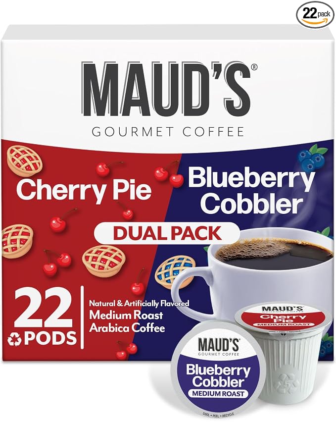 Maud's Cherry & Blueberry Flavored Coffee Pods, 22ct, Medium Roast Flavored Coffee in Single Serve Pods – 100% Arabica Beans, Compatible with Keurig K Cups Maker