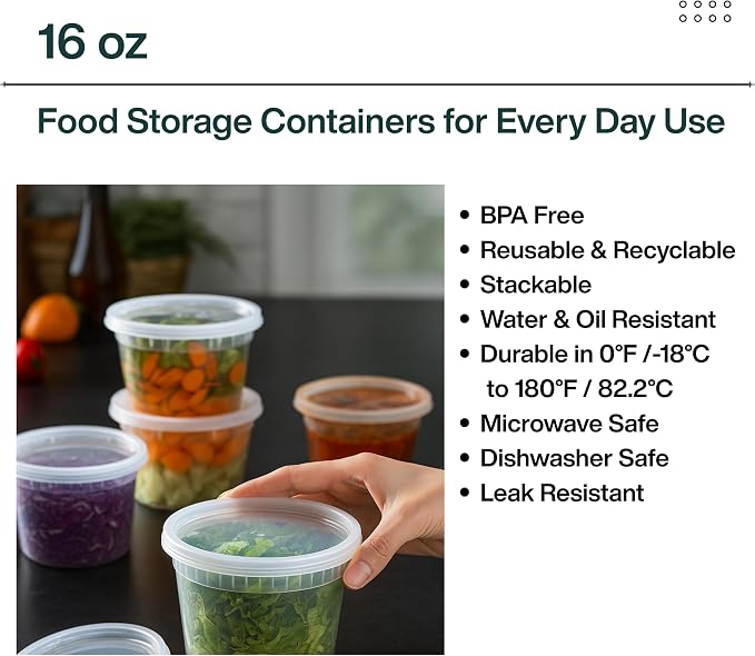 16oz [60 set] Heavy Duty Plastic Deli Container | BPA-Free Food Storage with Airtight Leak‑Proof Lids | Microwave, Freezer & Dishwasher Safe – Stackable, Bulk Reusable Soup & Meal Prep Tub