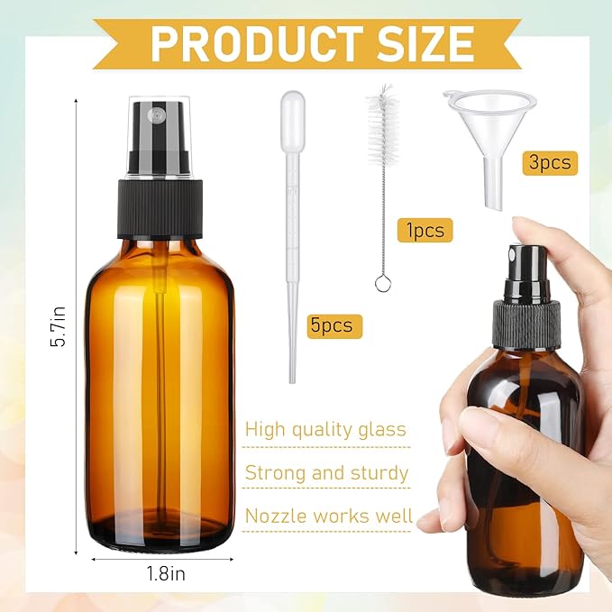 Yungyan 100 Pcs 4 oz Mini Glass Spray Bottles Empty Small Essential Oil Bottles Fine Mist with 3 Funnel 5 Dropper Cleaning Brush for Hair Travel Plants Perfumes(Brown)