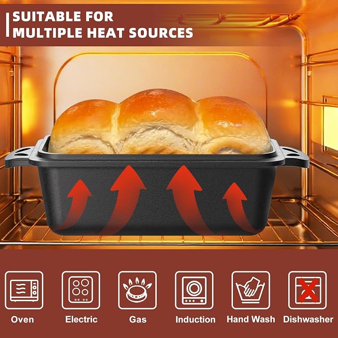9×5 Inch Cast Iron Loaf Pan with Lid, Even Heat Distribution Bread Baking Pan for Sourdough, Homemade Bread, Cake & Meatloaf, 2 Piece Set