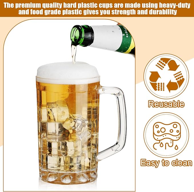 Mifoci 20 Pcs Plastic Beer Mugs with Handles 12 oz Oktoberfest Beer Stein Bulk Reusable Drinking Cups Glasses for Bavarian Party Supplies Cocktail Beverages Alcohol Soda