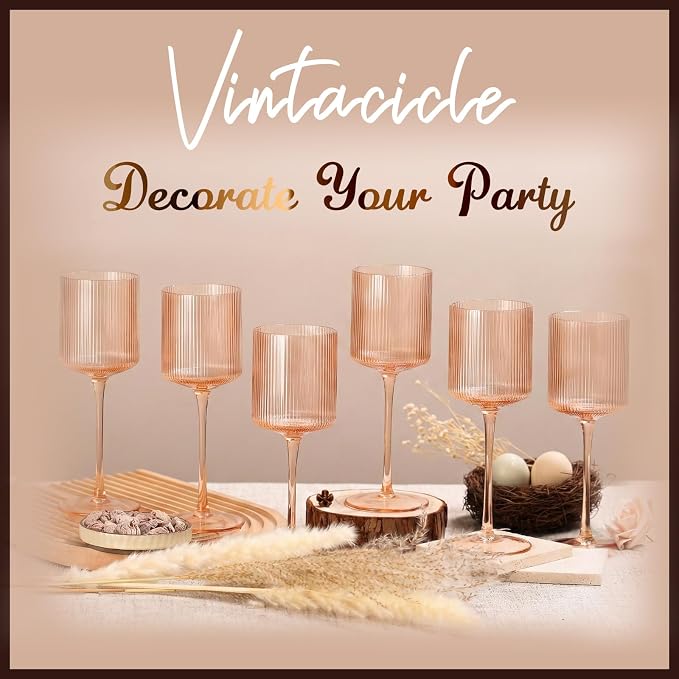 Pale Peach Colored Square Wine Glasses Set of 6, Ribbed Design Peach Crystal Glassware with Long Stem, 11.5oz Hand Blown Red & White Wine Stemware For Home Dinner Party Wedding Housewarming Gift
