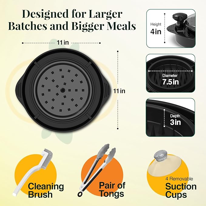 SIHAYA Large Chicken Shredder Tool Twist – 11 Inch, Suction Cups, Visible Lid, Removable Tray, Tongs & Brush – Strong and Food Grade Safe for Chicken, Birria, Beef – Dishwasher Safe