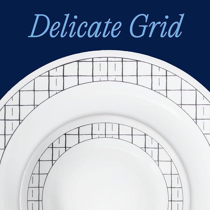 Corelle Vitrelle 18-Piece Service for 6 Dinnerware Set, Triple Layer Glass and Chip Resistant, Lightweight Round Plates and Bowls Set, Delicate Grid