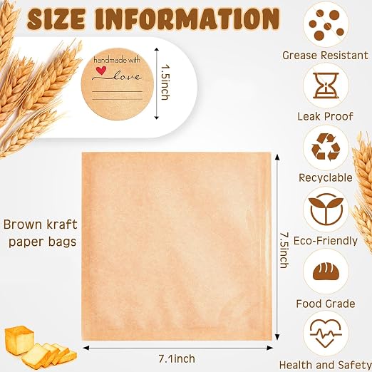 Outus 700 Pcs Cookie Packaging Bags with Seal, 7.1 x 7.5 Inch Bakery Pastry Bags with Window, Heat Sealable Grease Resistant Paper to Go Bake Sleeves for Gift Giving Donut Bread Sandwich (Brown)