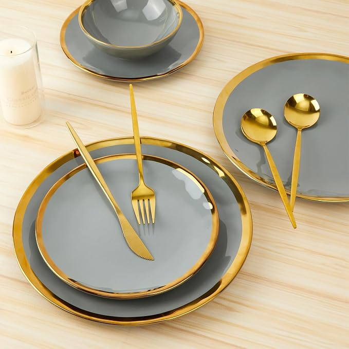 Pokini Porcelain Luxury Dinnerware Sets, Modern Plates and Bowls Sets for 4, Highly Chip and Crack Resistant, Grey and Gold Rim China Dishes Set for Wedding Anniversary