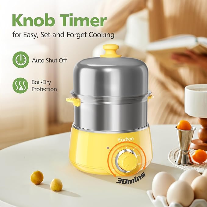 CACHOO Hard Boiled Egg Cooker, Stainless Steel Egg Boiler with 30-Min Timer | 14 Eggs, Auto Shut Off & Dishwasher Safe, Compact Electric Vegetable Steamer for Cooking, Yellow