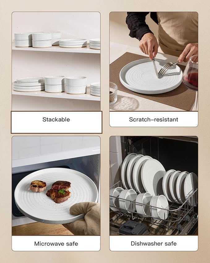 Stoneware Dinnerware Sets for 4, 12-Piece High Edge Plates and Bowls with Speckled Glaze & Spiral Design - Chip & Scratch Resistant, Microwave & Dishwasher Safe - Farmhouse, White