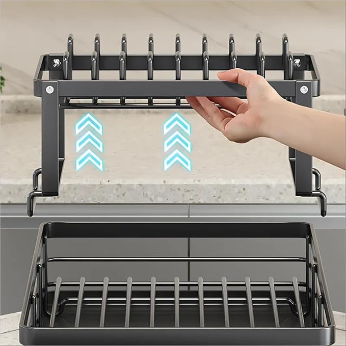 Adjustable Stainless Steel Dish Drying Rack with Drainboard, Over Sink Plate Drainer & Kitchen Organizer(Black Suit)
