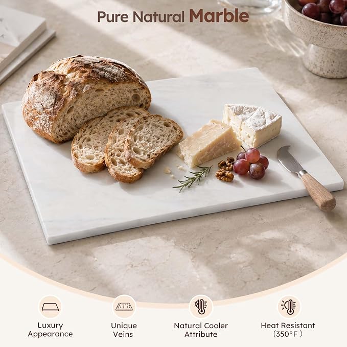 Diflart Natural Marble Stone Cutting Board for Kitchen, 16x20 Inch, White, Marble Slab Pastry Board Large with Non-Slip Feet for Baking, Cheese, Chocolate, Pack of 1 Piece