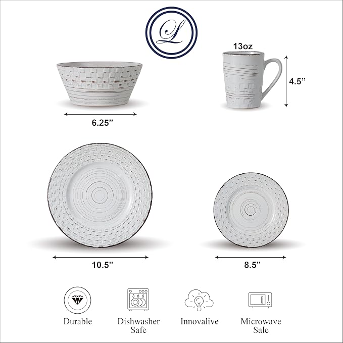 Lorren Home Trends 16 Piece Distressed Weave Dinnerware Set-White