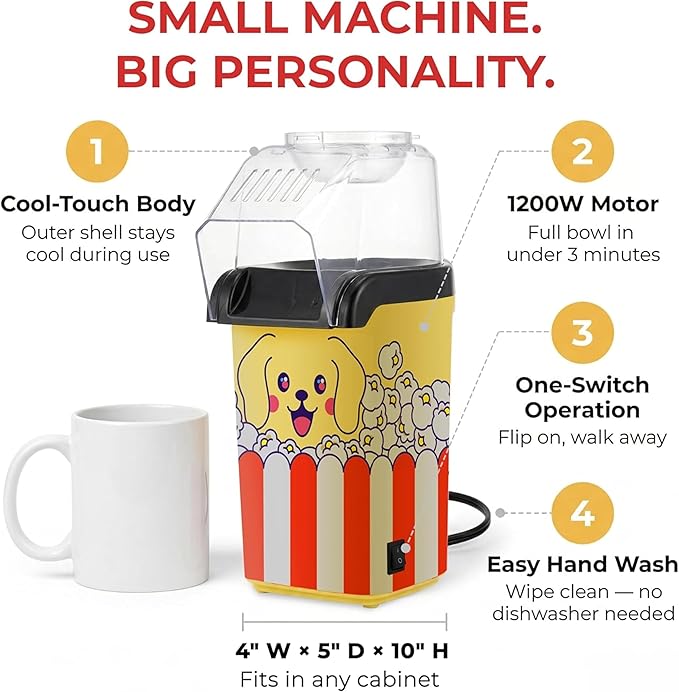 Fun Popcorn Machine Air Popper – Hot Popcorn Maker Air Popper Electric with Butter Melting Tray – Mini Electric Maker - Dog Mom Gifts for Women, Home, Kids Movie Night - Oil Free Snacks