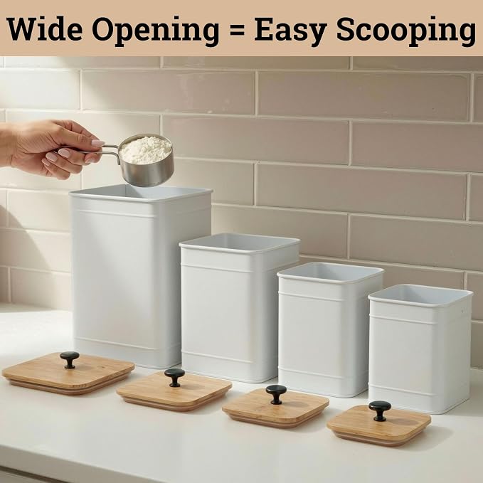 Kitchen Canisters for Countertop Set of 4 with Customizable Chalkboard Labels & Marker Pen - Big Iron Kitchen Canisters with Airtight Lids - Canisters Sets for the Kitchen - White Kitchen Canister Set | Airtight Easy Open Bamboo Lids, Dent-Resistant Th...