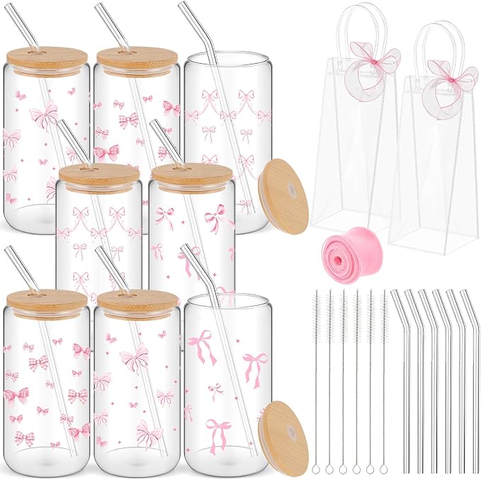 Mumufy 8 Sets Coquette Bow Glass Cups with Clear Gift Bag 16 oz Reusable Pink Iced Coffee Mugs Aesthetic Cute Tumbler with Lids and Straws, Gifts for Girls Women Bridesmaid