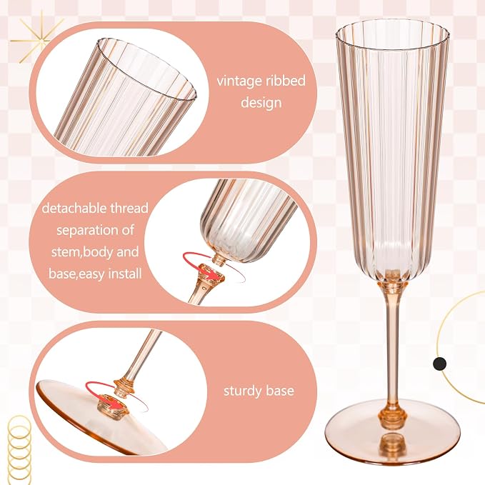 Jingmore 24 Pcs Plastic Ribbed Champagne Flutes With Stem, 6.4 oz Clear Vintage Disposable Vintage Glasses for Wedding Birthday Anniversary (Champagne Power)