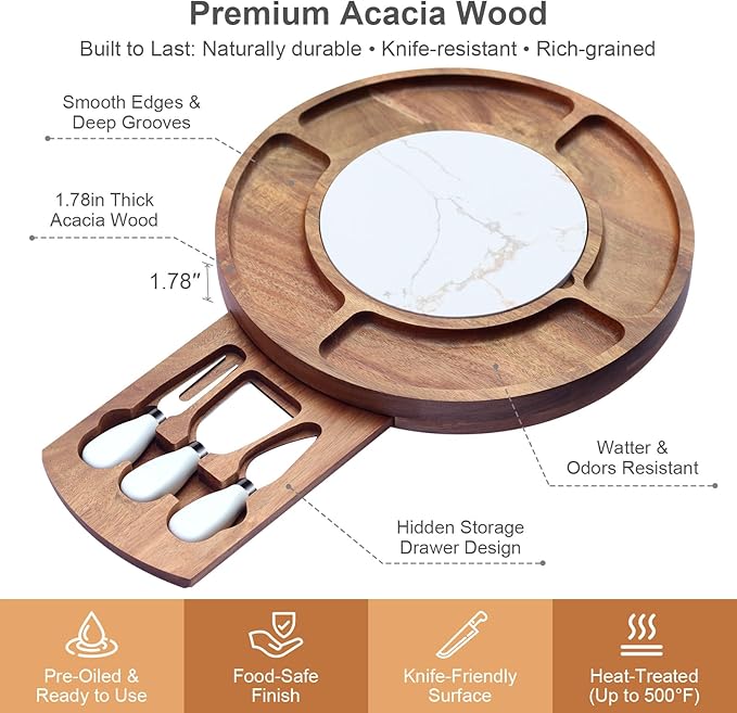 13.5" Round Acacia Wood Cheese & Charcuterie Board Set with Slate Chiller, Hidden Drawer & 420 Stainless Steel Knives/Forks - Ideal Wedding, Housewarming, Birthday Gifts