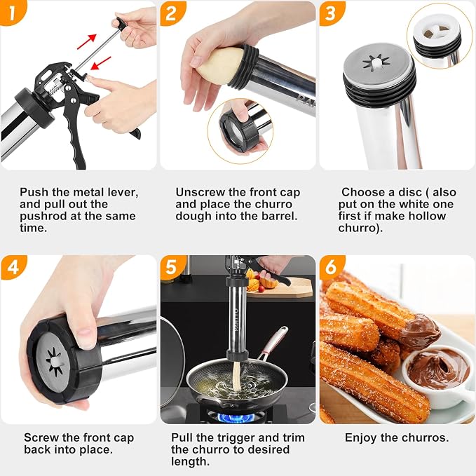 PAHTTO Churro Maker Machine, Stainless Steel Churros Gun Kit, 3-in-1 Multifunctional Cookie Press Hollow Churro with Piping Bag, 7 Piping Nozzles, 9 Cookie Discs & 2 Brushes, Easy to Clean