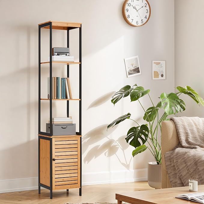 Tall Bamboo Bathroom Cabinet, 5 Tier Floor Shelving Unit with Open Shelves & Cabinet Storage, Premium Moso Bamboo Organizer for Bathroom, Kitchen, or Living Room