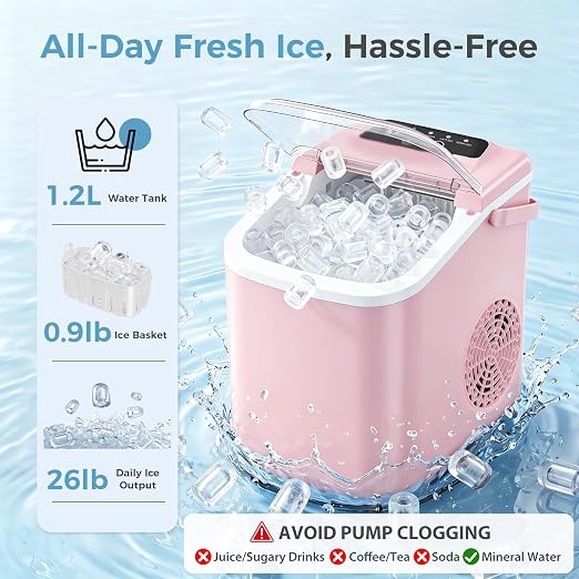 Countertop Ice Maker, Portable Ice Machine with Carry Handle Basket and Scoop, 9 Bullet Cubes Ready in 6 Mins, 26lbs Daily, Self-Cleaning for Home, Kitchen, Camping, RV