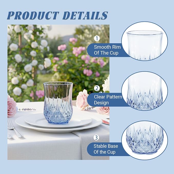 12 Pack Plastic Stemless Wine Glasses,12oz Unbreakable Vintage Elegant Drinking Glass Set,Reusable Fancy Cocktail Cups for Party, Wedding, and Bulk Events (12, 12oz-Blue)
