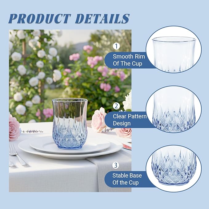 40 Pack Plastic Stemless Wine Glasses,12oz Unbreakable Vintage Elegant Drinking Glass Set,Reusable Fancy Cocktail Cups for Party, Wedding, and Bulk Events (40, 12oz-Blue)