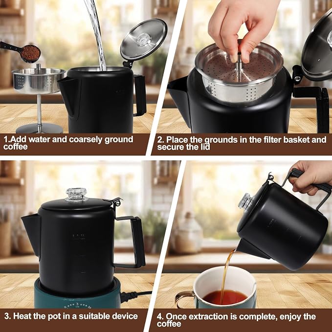 9 Cup Percolator 304 Stainless Steel Coffee Pot Coffee Maker Coffee Machine with Solid Wood Handle Transparent Knob Stovetop Greca Mocha for Induction Home and Camping 1500ml 50.7oz Black