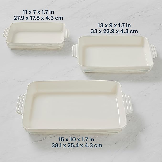 Pyrex 3-Piece Ceramic Bakeware Set, Nonstick Casserole Dish with Handles, Lasagna Oven Pans, Bakers, For Baking, Roasting, Steaming, Rectangular