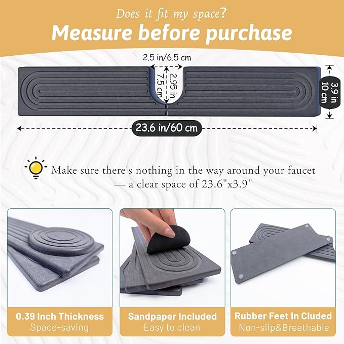 Kitchen Faucet Absorbent Mat with U-Shape Hole, 23.6" Diatomaceous Earth Splash Guard for Sink Faucet, Aesthetic Water Absorbing Stone Tray Draining Mat for Modern Home, Gift for Girlfriend, Dark Grey