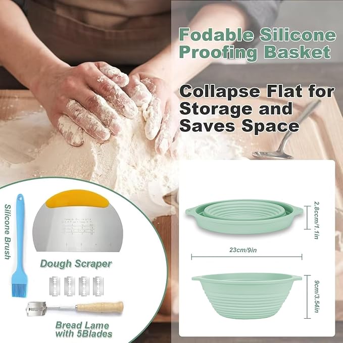 Upgraded 2 Pack Silicone Banneton Bread Proofing Baskets Set - Reinforced Rim Support & Dual Handles, Sourdough Starter Kit, 9 Inch Round Foldable Sourdough Baking Basket (Green, Green)